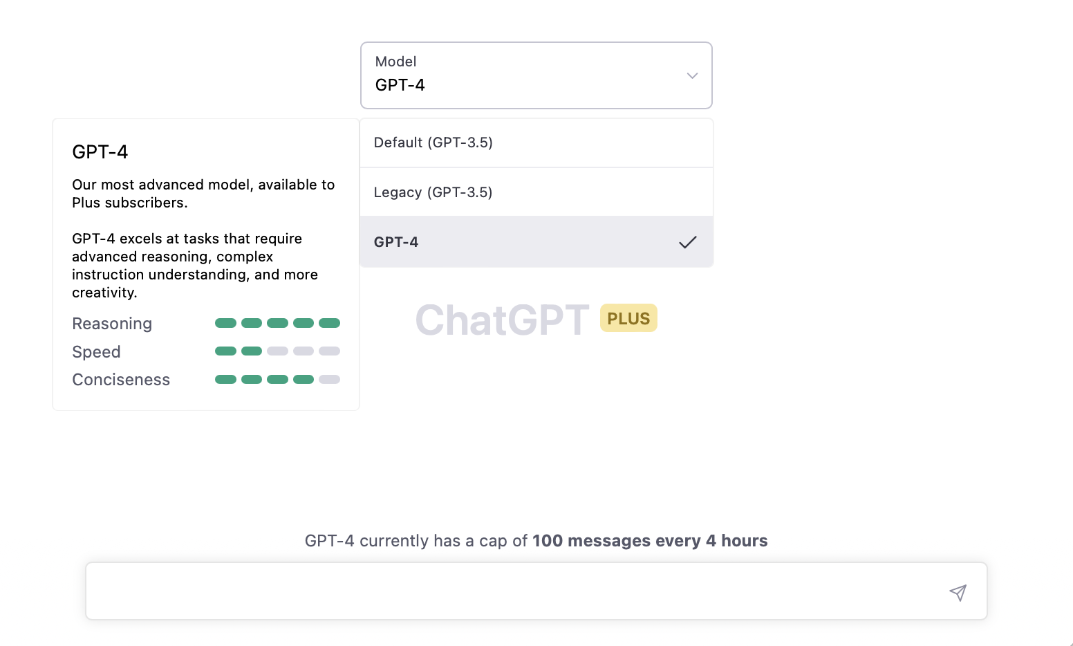 Bildtext: Såhär ser ChatGPT-4 ut för betalanvändare. Skärmdump tagen 2023-03-14.