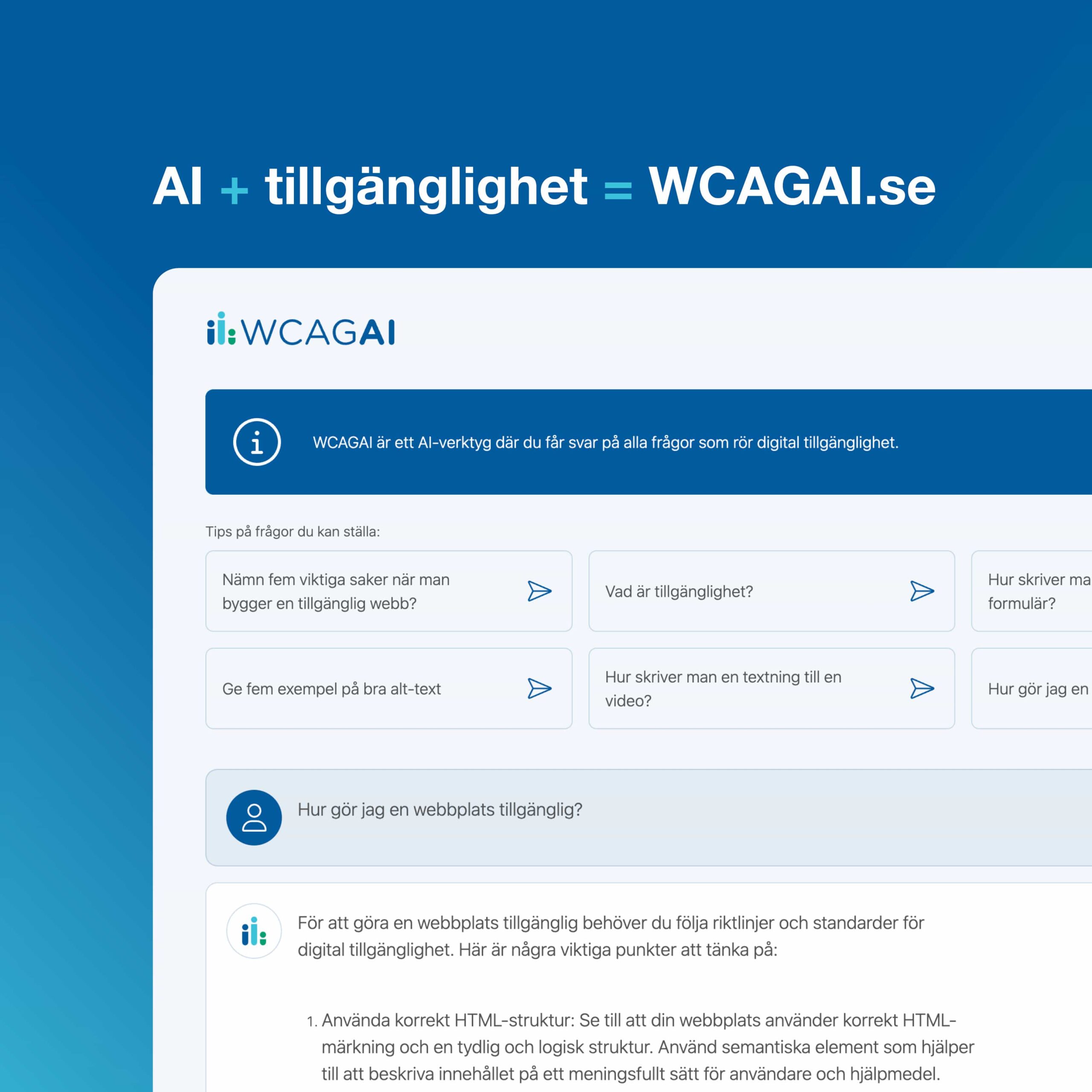 Bildtext: AI-verktyget WCAGAI.se där du får svar på frågor kring digital tillgänglighet.